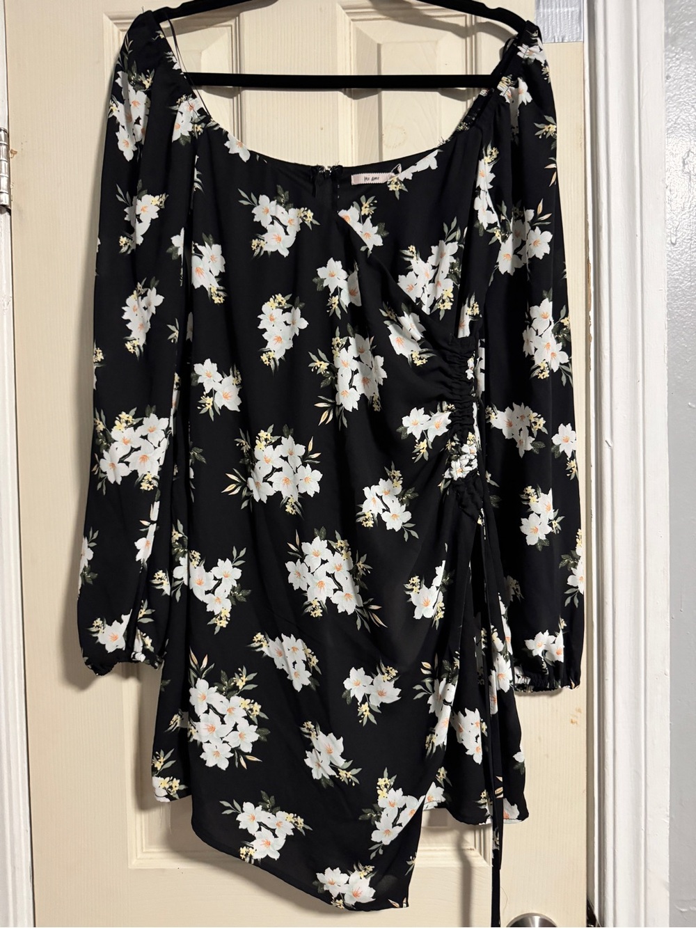 miami Black Long Sleeve Floral Wrap-Style Dress with White Blossoms